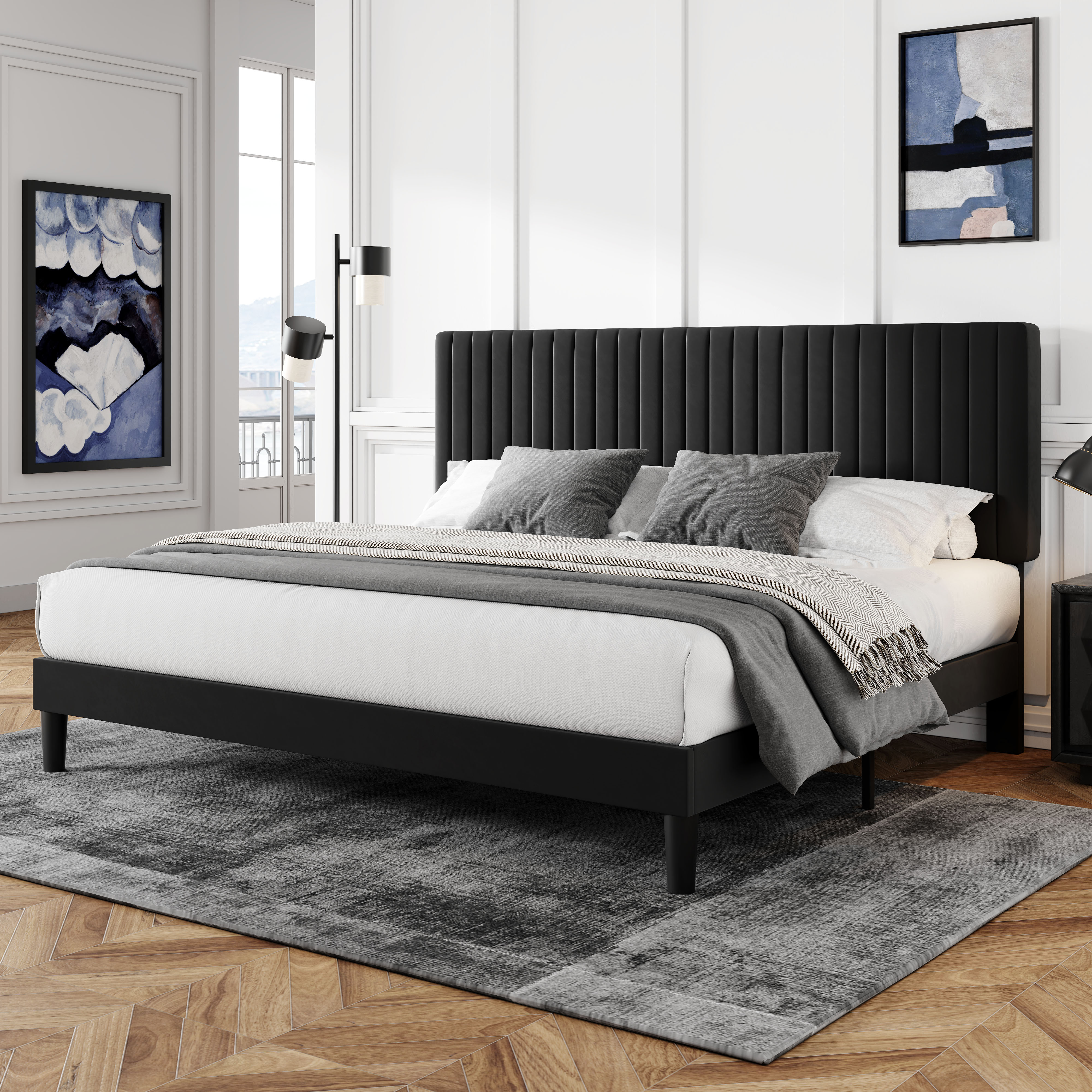 Allewie King Size Velvet Upholstered Platform Bed Frame with Adjustable ...