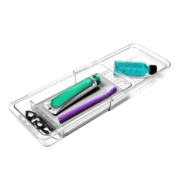 madesmart Expandable Dental Tray Drawer Organizer with Drying Stone, Clear Plastic Drawer Organizer for Toothbrush, Dental Floss, Water Flosser, Mouthwash, Drying Stone/Clear