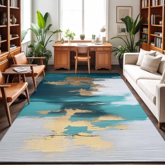 Area Rugs 2.7'x5', Abstract Teal Green Carpet Runner Indoor Outdoor Rugs Home Decor Aesthetic, White Gold Textured Art Non Slip Mats Washable Accent Rug for Living Room Bedroom