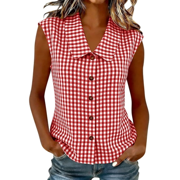 Women's Gingham Babydoll Neck Tank Top Summer Trendy Sleeveless Button Front Blouses Loose Fit Casual Daily Wear Tops Red