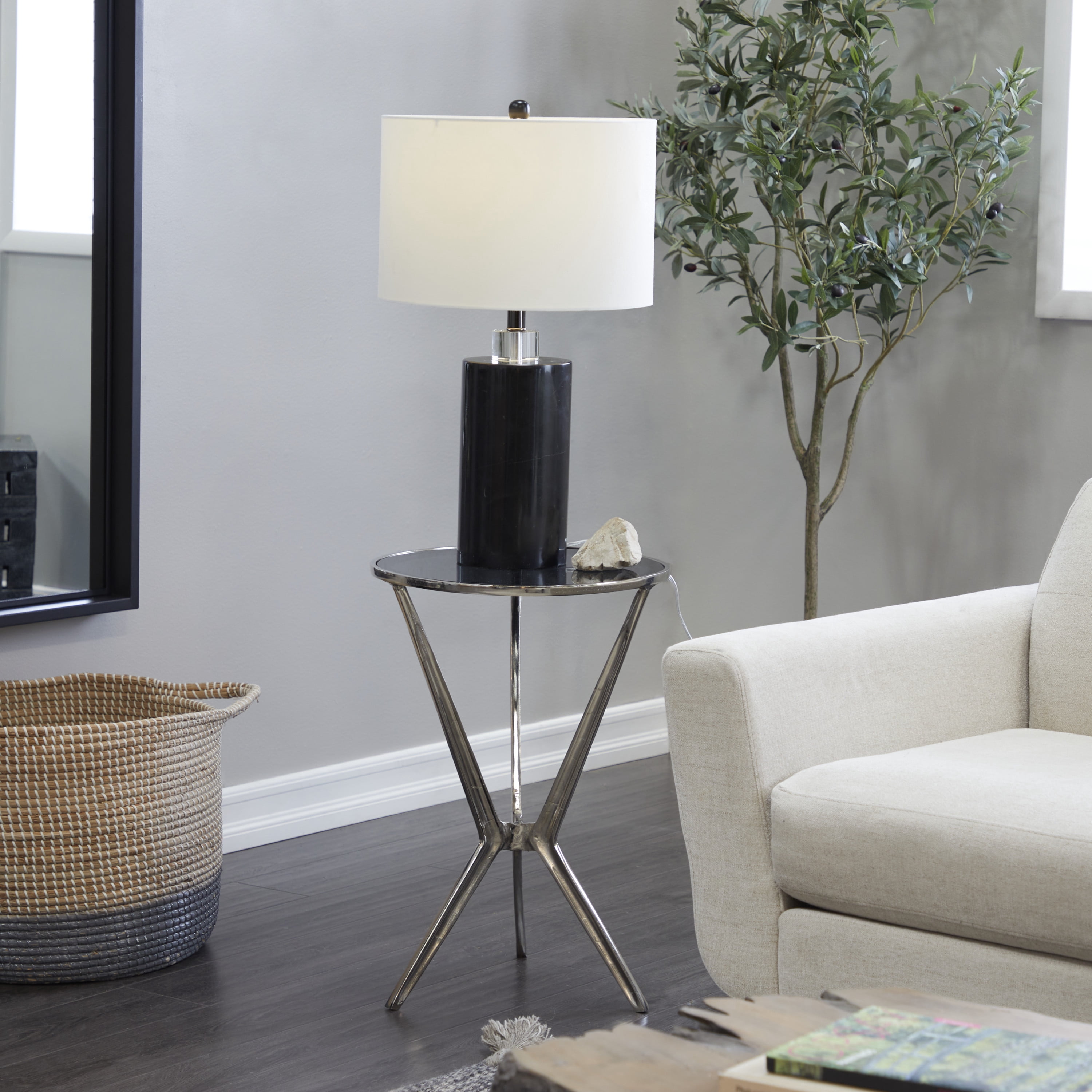 DecMode Modern Aluminum Hourglass Inspired with Round Glass Top Accent Table, 16"W x 24"H with Polished Silver and Frosted Glass Finish