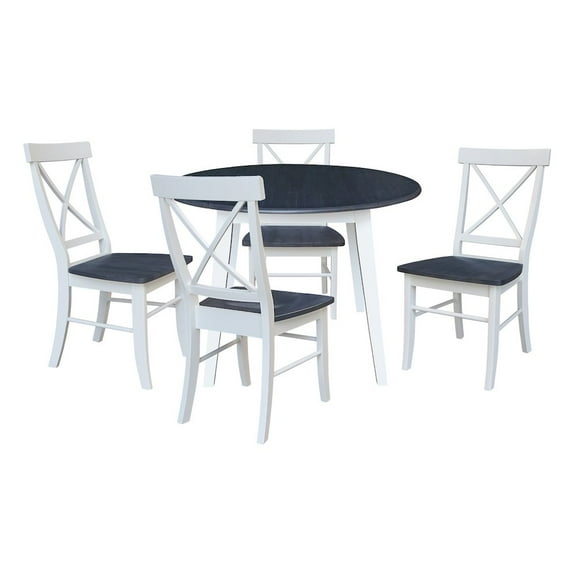 42" Round Solid Wood Dual Drop Leaf Table with 4 Chairs in White/Heather Gray