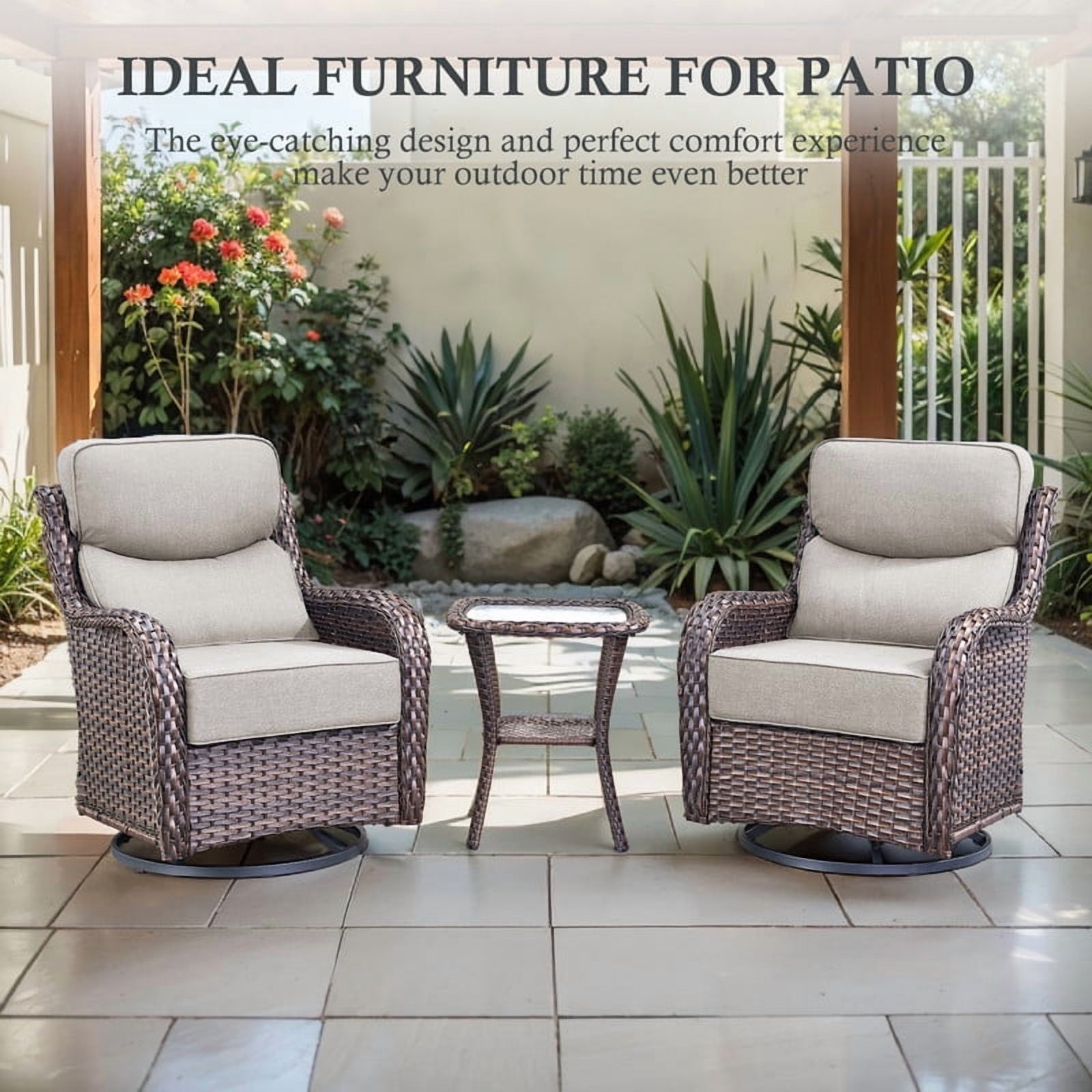 Outdoor Conversation Sets 5-Piece Patio Wicker Rattan Furniture Set with Swivel Rocking Chairs, Ottomans, Side Table and Upgrade 6" Cushions for Balcony Deck Backyard, Beige