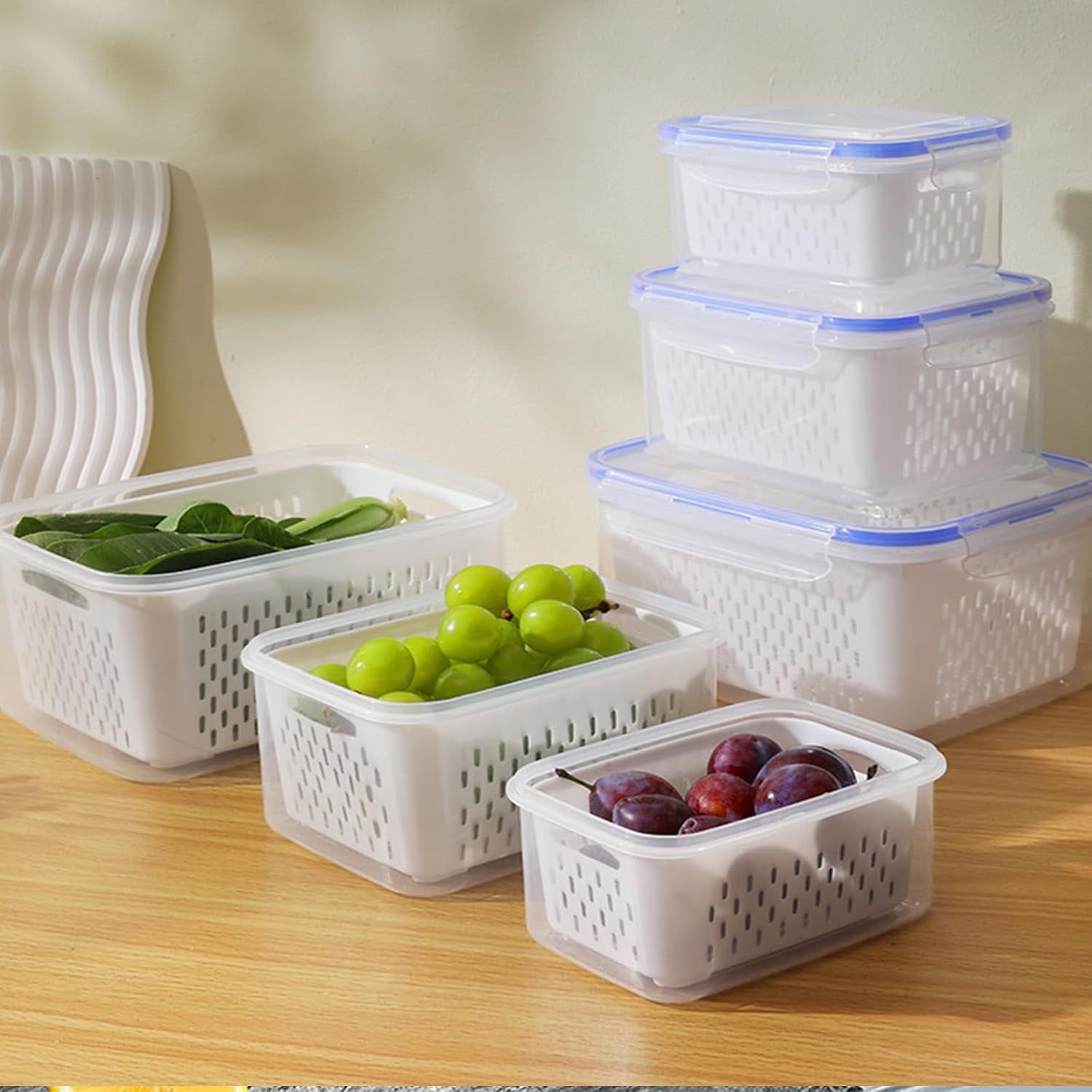 Food Storage Containers For Fridge With Removable Colander, BPA Free Produce Saver, Transparent Fruit Box with Drain Basket for Veggies and Kitchen