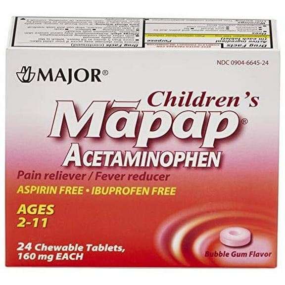 Major Children's Mapap Bubblegum Chewable Acetaminophen Tablets 160 mg (3 Packs of 24)