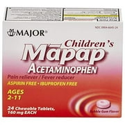 Major Children's Mapap Bubblegum Chewable Acetaminophen Tablets 160 mg (3 Packs of 24)