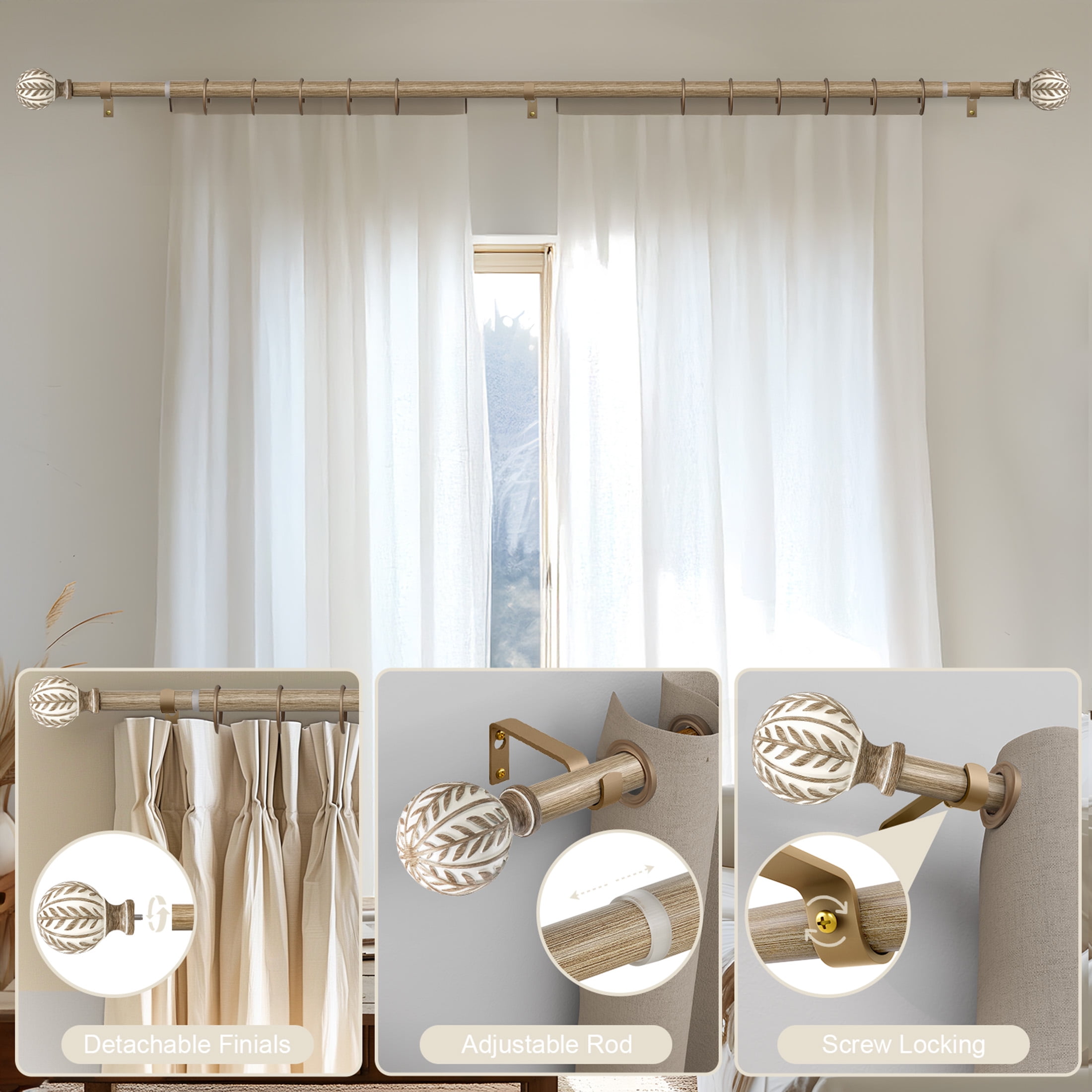 Yokila Farmhouse White And Brown Curtain Rods for Windows 18 to 60 Inches Adjustable Length Heavy Duty 1" Diameter Single Window Curtain Rod with Decorative Finials for Bedroom Living Room Kitchen