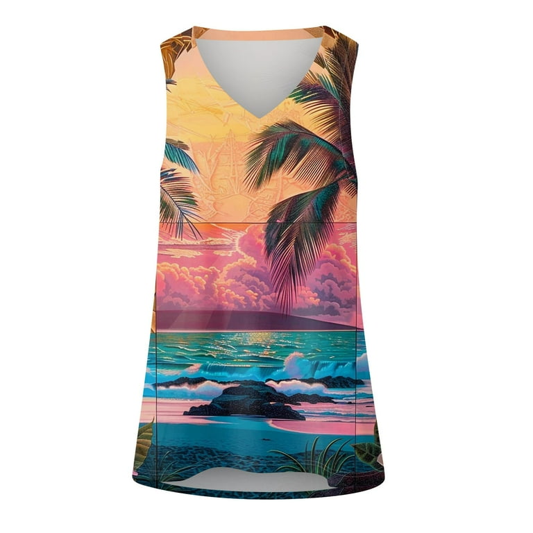 Knosfe Hawaiian Tank Tops for Women Sleeveless Beach V Neck Boho Shirts  Summer Tropical Casual 2024 Tops Orange 4XL