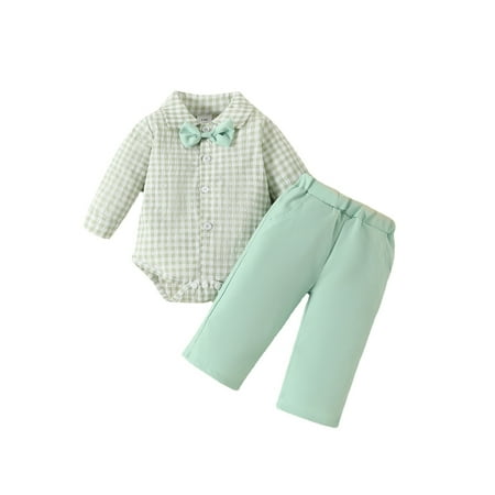 

Toddler Boy Formal Outfit Plaid Long Sleeve Romper with Bow Tie and Elastic Pants Fall Clothes 0-18M