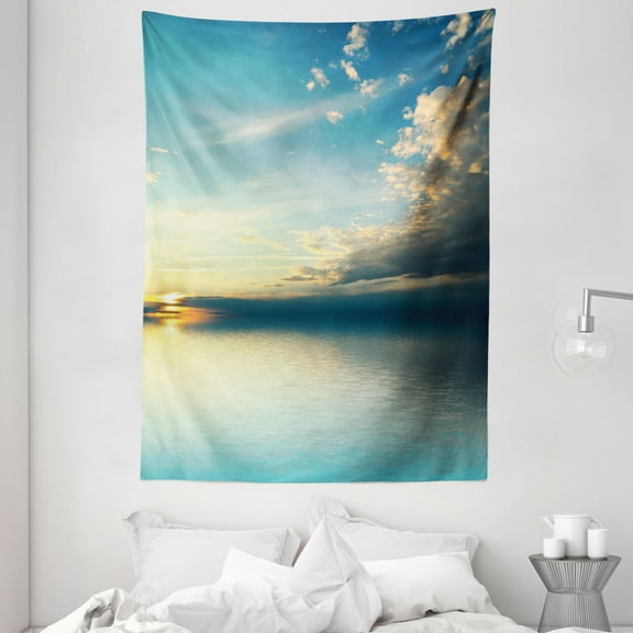 Ocean Decor Wall Hanging Tapestry, Panorama of Sea Sunset Sundown Reflection Horizon Dark Clouds Nature Picture Print, Bedroom Living Room Dorm Accessories, 60 X 80 Inches, by Ambesonne