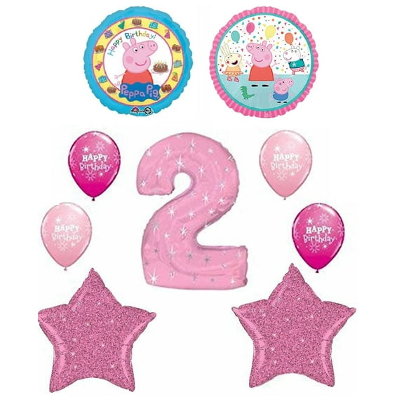 Pig 2nd #2 9 Piece Happy Birthday Bouquet Party Mylar & Plain Latex Balloons Favor Set