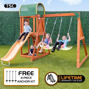 The Swing Company North Star Wooden Swing Set for Kids with Play Fort, 6' Slide & LED Swing Seats