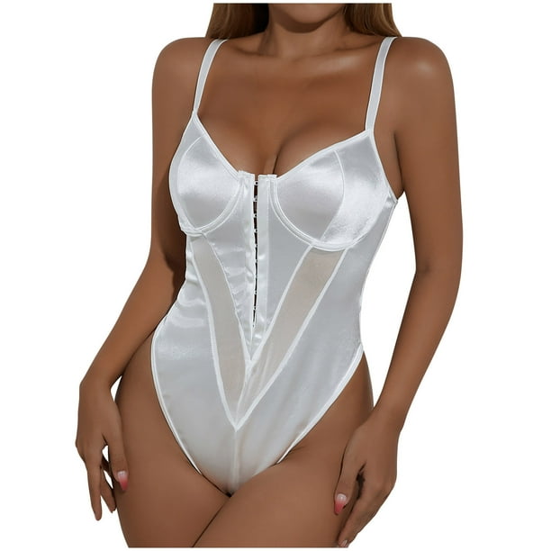 Body de gama alta de estilo blanco puro con costuras de malla de satén a la moda Sexy informal para mujer Fridja nalpqowj63940