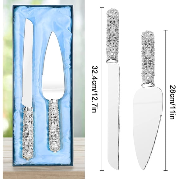 Wedding Cake Knife and Server Set - 2 Piece Stainless Steel Dessert Tools with  Stones for Bridal Shower Anniversary Party