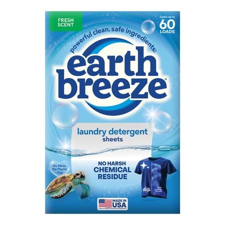 Earth Breeze Hypoallergenic Laundry Detergent Sheets, Fresh Scent, Odor Fighting, 60 Loads