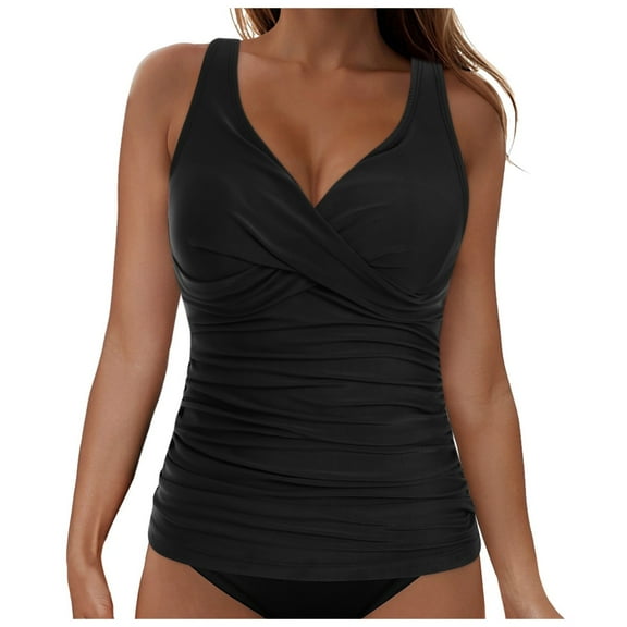 Jdkau Tankini Tops for Women Swimwear Top Only Underwire Tankini Tummy Control Tankini Top V Neck Ruched Swimsuit Top(Black,M)