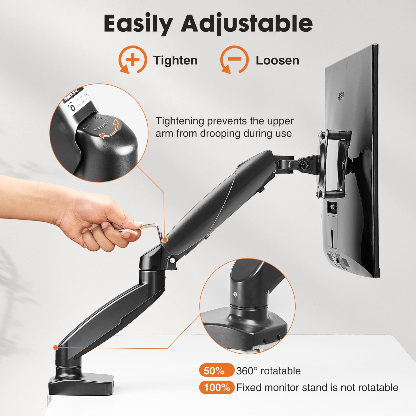 GIANNA Single Monitor Mount, With Clamp and Grommet Base, Fits 4.4 to 15.4 LBS Vesa 75 100 x 100, For Wide 15 to 27 Inch Screen