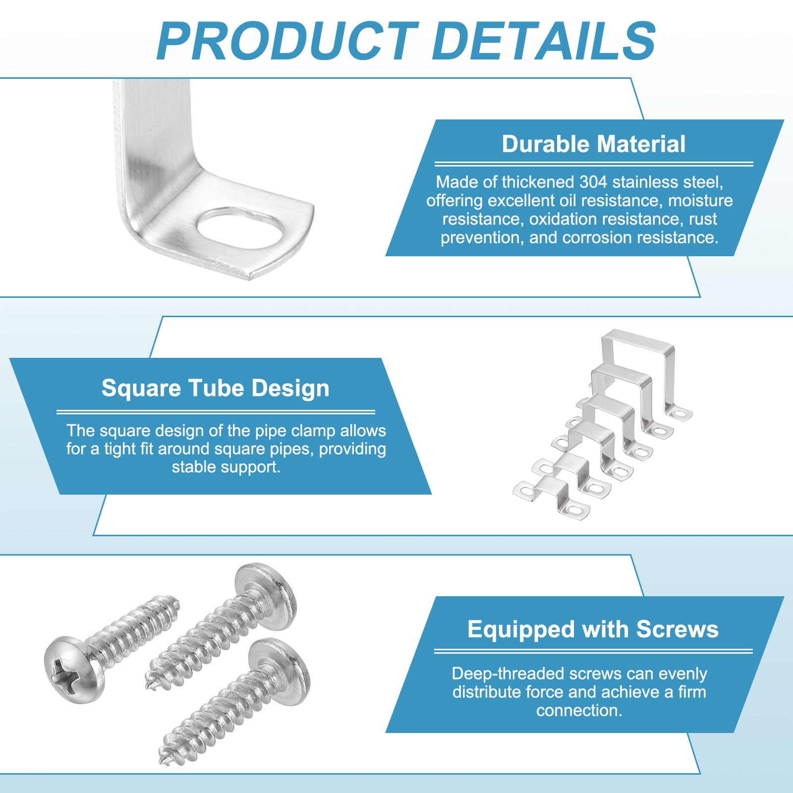 Uxcell 4pcs 3-1/8" x 3-1/8" Square Pipe Clamp, 304 Stainless Steel U Shaped Connector Bracket Heavy Duty Tube Strap Buckle with Self-Tapping Screws for Tube Installation