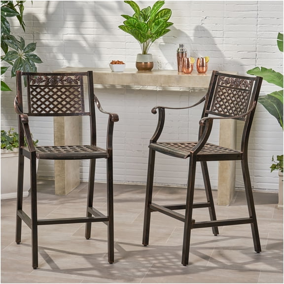 JERFIT 2-Pack Black Cast Aluminum Bar Stools for Outdoor, 29 Inch Height Patio Barstools with Scroll Design for Garden, Poolside, Bistro, Backyard