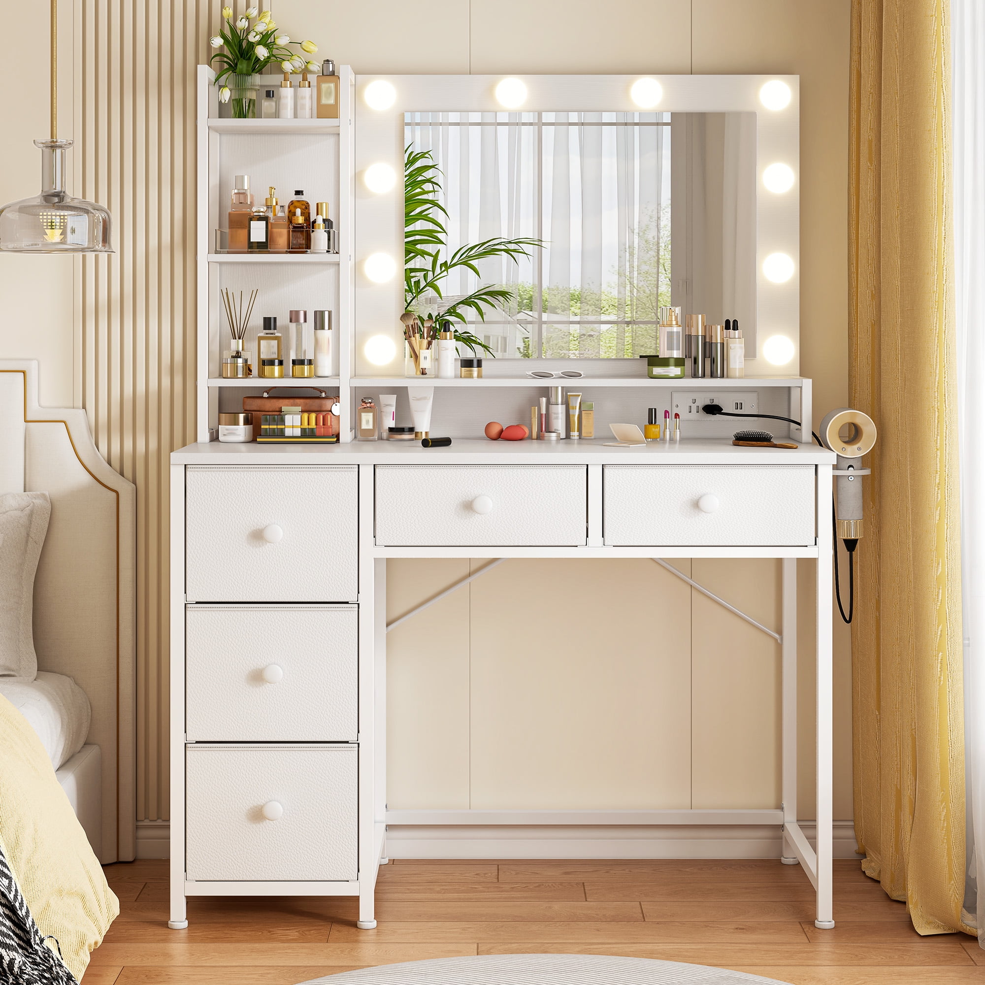 EnHomee Vanity with Mirror and Lights Makeup Vanity Desk with 5 Fabric Drawers & Power Outlet & Hair Dryer Rack Dressing Table for Bedroom,White