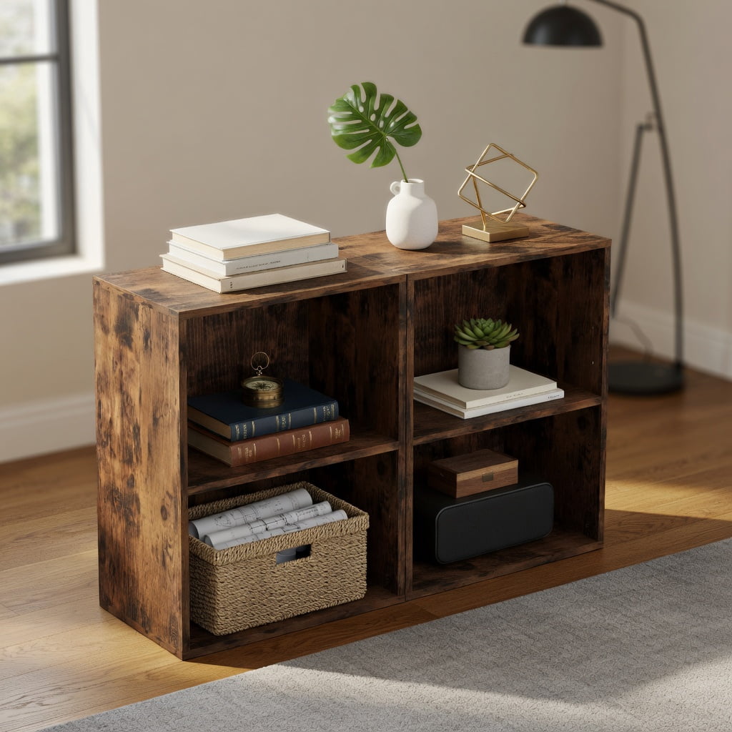 Topcobe 2-Cube Bookcase Floor Standing Open Bookshelf with 5-Position Adjustable Shelf, Corner Bookshelf, Storage Shelf, Book Organizer-Brown