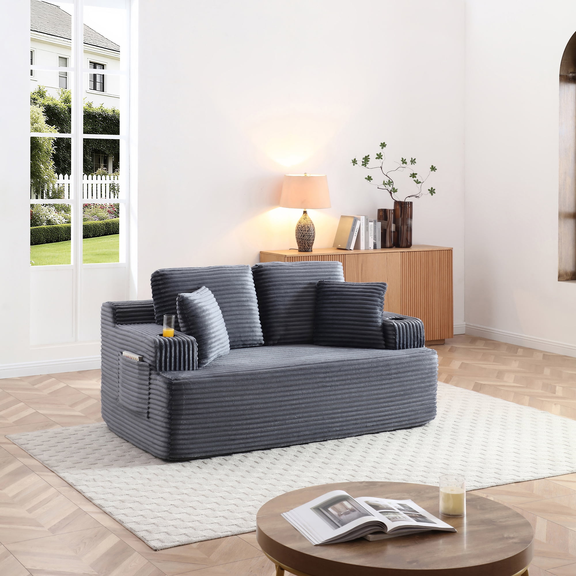 Boneless Loveseat, 2-Seater Floor Couch with Cup Holders and Side Pockets, Corduroy Fabric No Assembly Sofa for Small Space or Apartment, 66.5 Inch, Grey