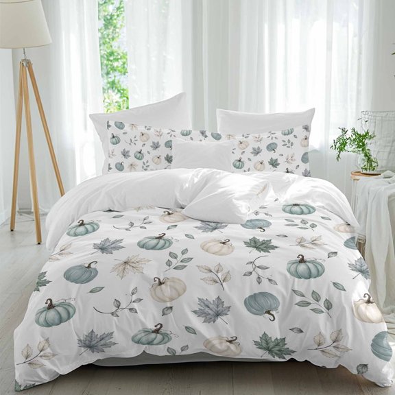 Duvet Cover Twin Size 3 Piece Bedding Set, Thanksgiving Pumpkin Maple Leaves Seamless Soft Breathable Comforter Cover with 2 Pillow Shams, Blue White Luxury Duvet Covers with Zipper Closure