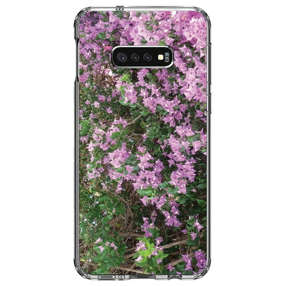 DistinctInk Clear Shockproof Hybrid Case for Samsung Galaxy S10e (5.8" Screen) - TPU Bumper, Acrylic Back, Tempered Glass Screen Protector - Purple Flowers Mykonos Greece