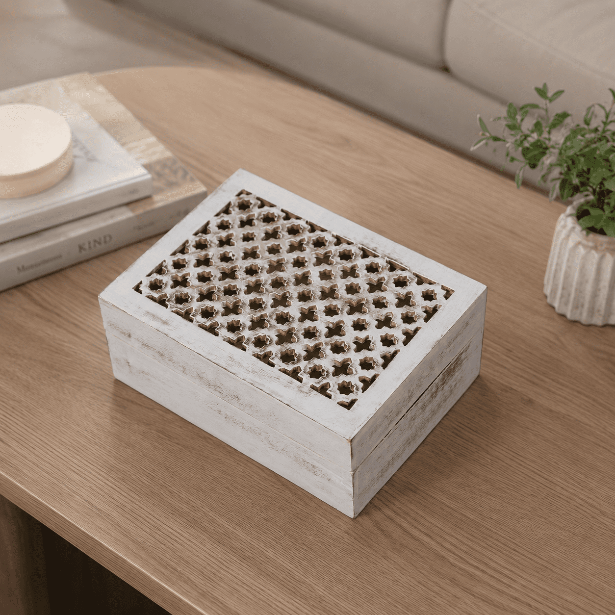 Decorative Distressed White Mango Wood Box with Lid - "Trellis" Medium Keepsake Box - Handmade Decorative Box with Lid for Use As Memory Box, Jewelry Box, Photo Storage Box, & More - 7.5"x"4.5"x3"