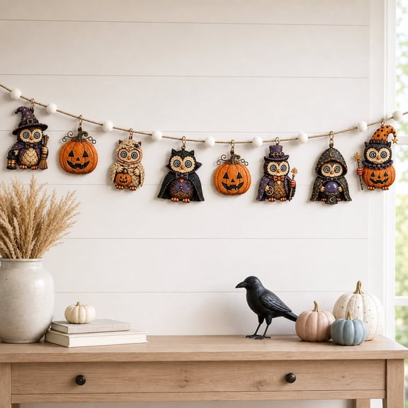 Garland Vintage Spooky Pumpkin Owl Witch Wooden Mantel Wall Hanging Halloween Decor