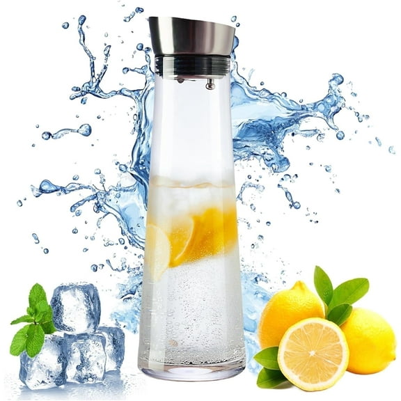 GLASKEY Glass Water Carafe with Lid,1200ml Glass Juice Pitcher with Stainless Steel Gravity Lid,Clear Water Pitcher for Ice Tea, Lemonade, Coffee,Juice Beverage