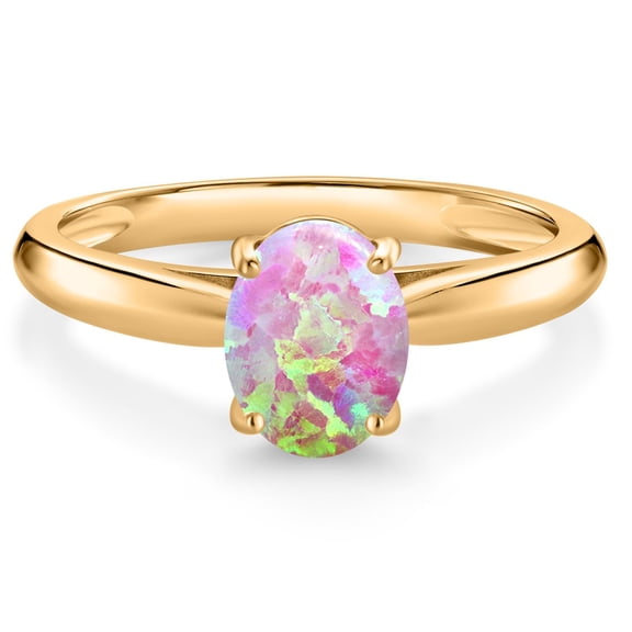 Gem Stone King 10K Yellow Gold Pink Opal Solitaire Engagement Ring for Women (1.05 Cttw, Oval Cabochon 8X6MM, Gemstone October Birthstone, Available in Size 5, 6, 7, 8, 9)