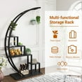 thumbnail image 4 of Half Moon 5-Tier Tall Metal Plant Stand – Curved Flower Rack with 6 Hooks, Set of 2, Space-Saving – Modern Black Ladder Shelf for Living Room, Balcony, Patio, Garden, 4 of 9