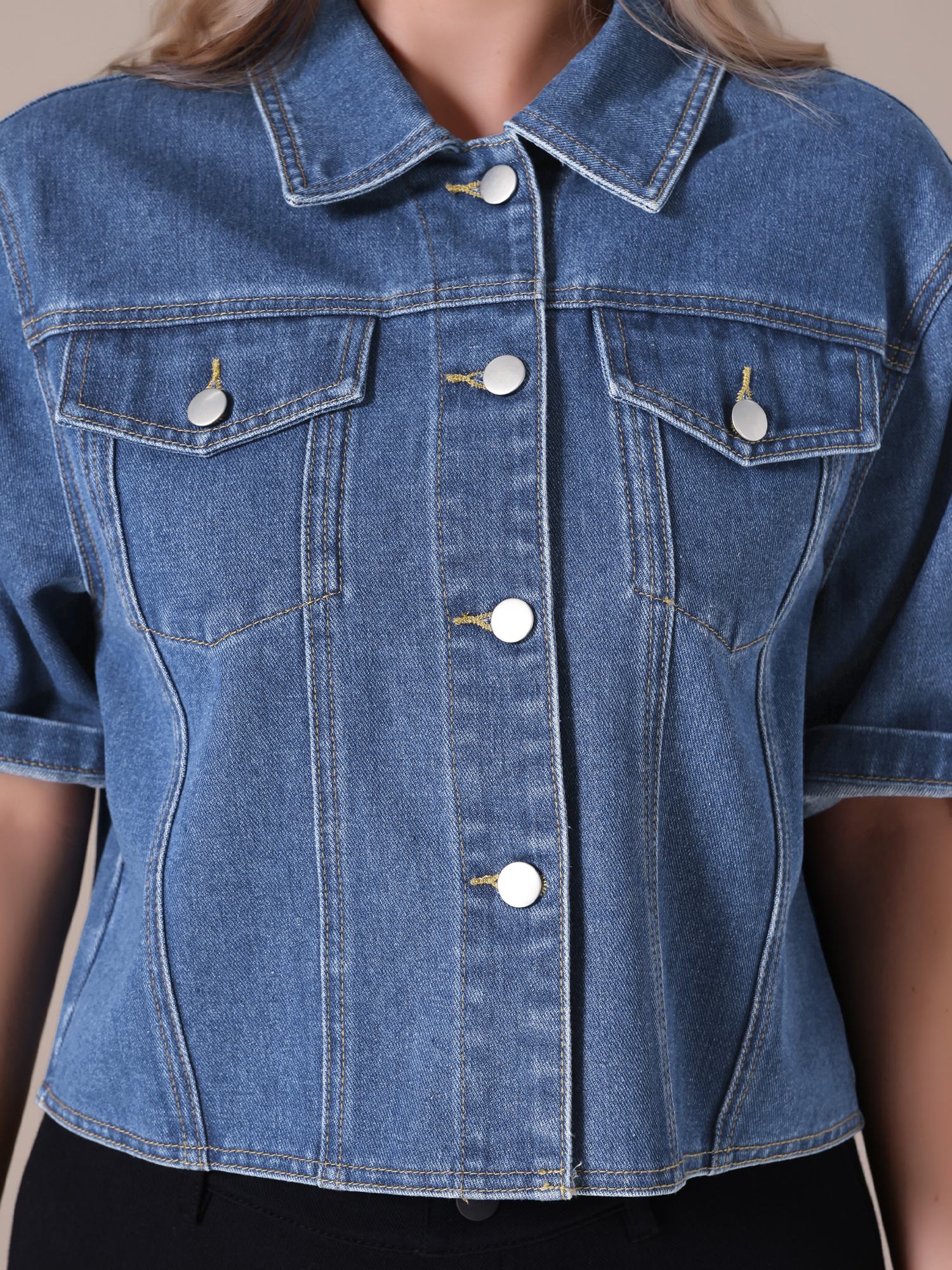 DARING DIVA Women's Short Sleeve Denim Collared Button Up Cropped Jean Jacket L Dark Blue