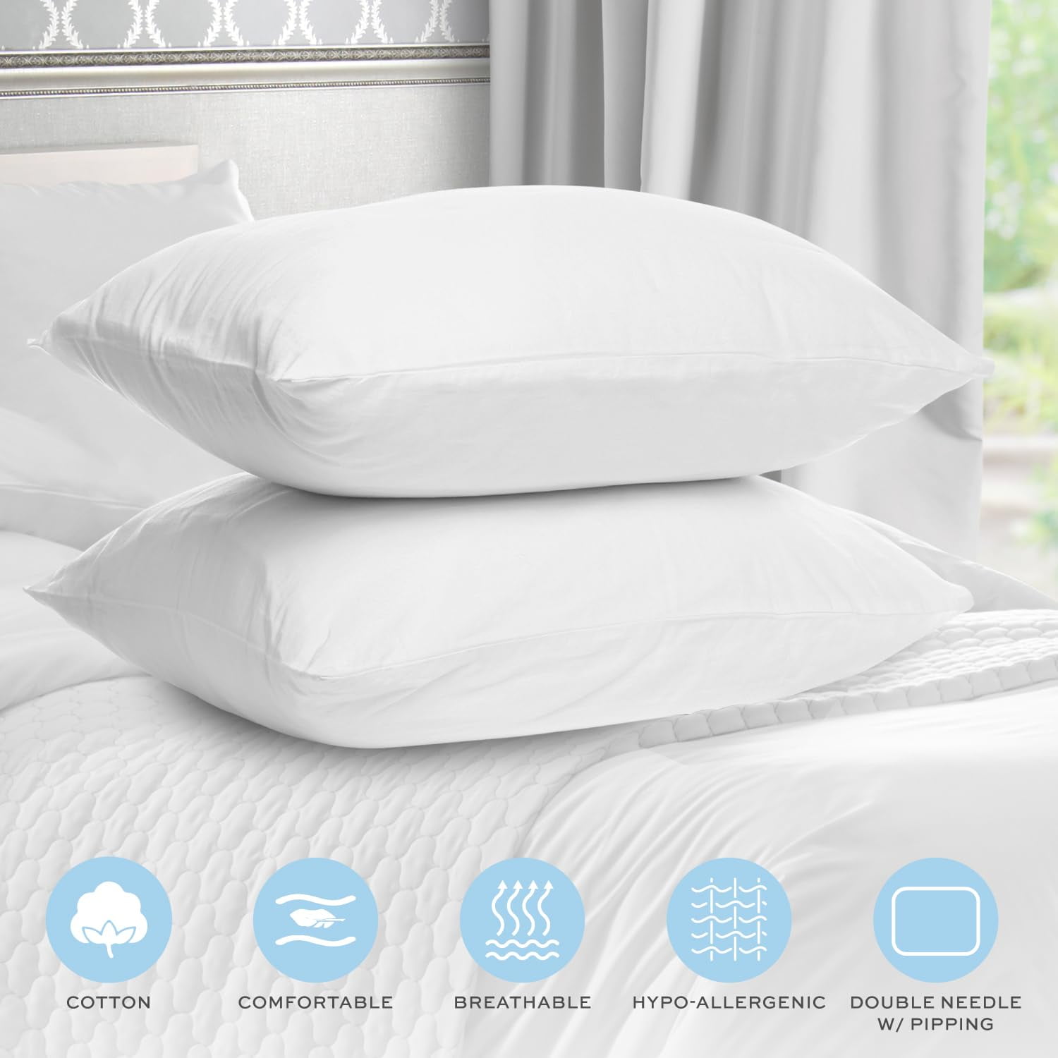 White Classic Bed Pillows for Sleeping 2 Pc Set, Queen Size Pillow Side Sleeper Set, Down Alternative Luxury Hotel Soft Pillow 28x20 Inches | 2 Pack | Queen Size
