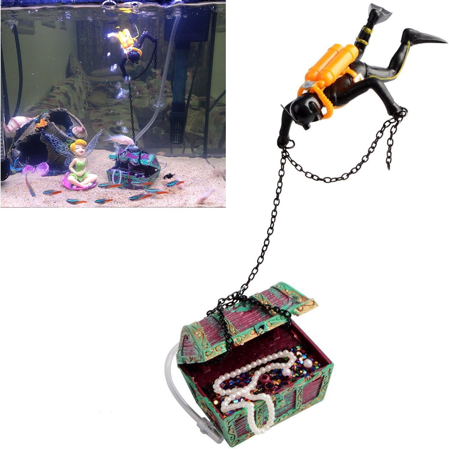 Action Aquarium Ornament, Undersea Treasure Chest Diver, Aerating Fish Tank Decorations Resin