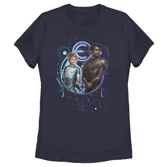 Women's Marvel Eternals Sprite and Kingo Duo Graphic Tee Navy Blue Large