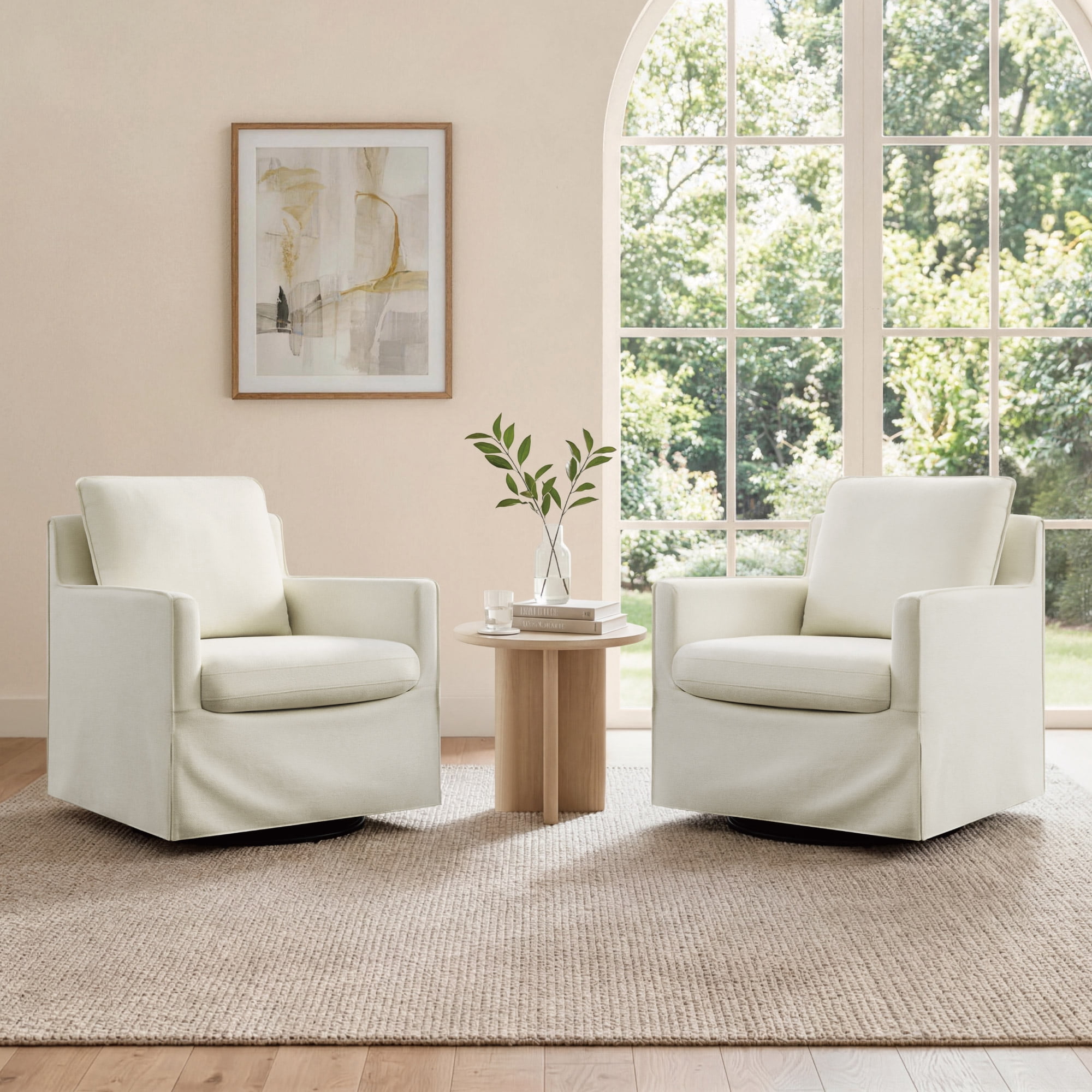 Spruce & Spring Upholstered Swivel Glider Accent Chair for Living Room, Nursery and Bedroom, Reversible Cushions, Track Arms, Modern Lounge Chair, Cream
