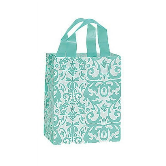 SSWBasics Medium Aqua Damask Frosted Plastic Shopping Bags -  8" x 5" x 10" - Case of 100