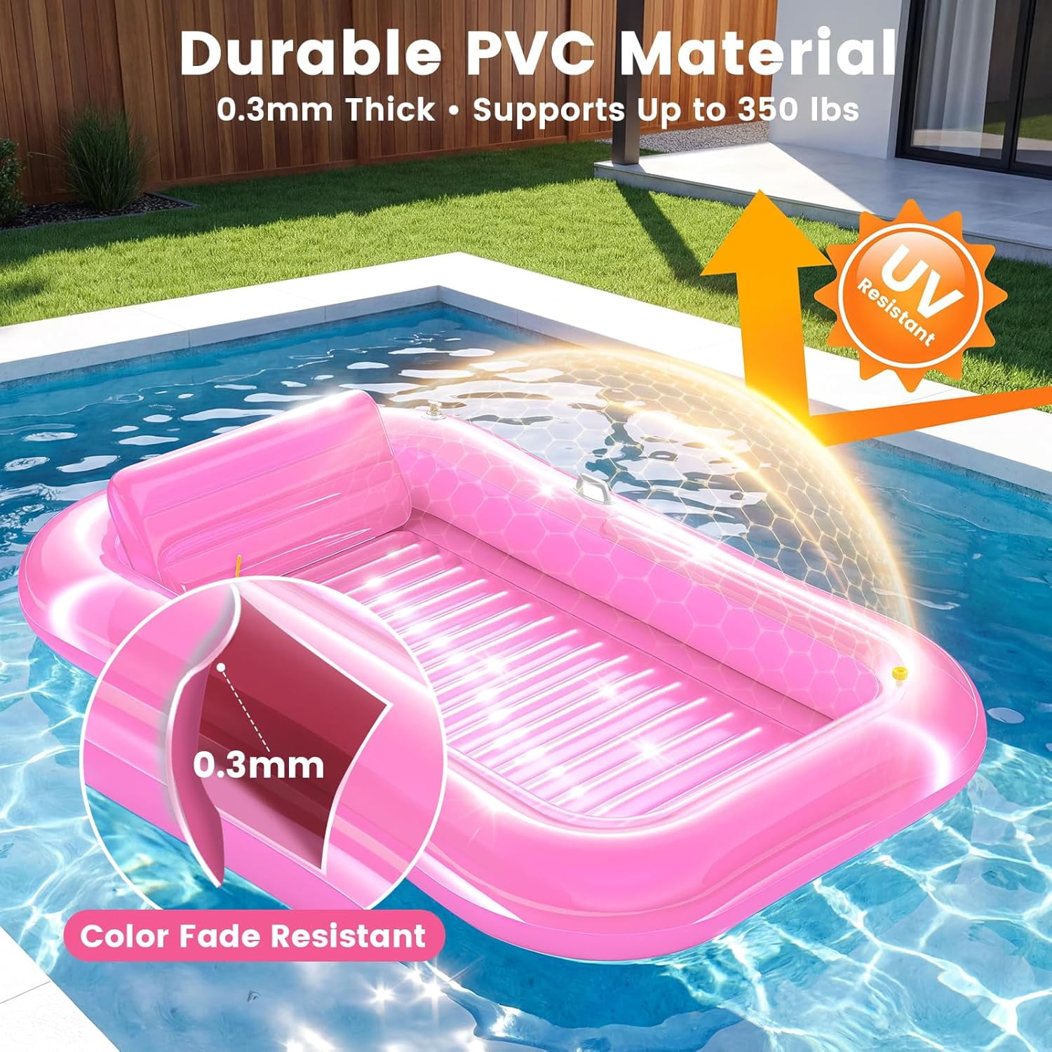 Inflatable Tanning Pool Lounger Float with Sprinkler, 77" x 48" Pool Floats Adult with Pillow, 6 in 1 Suntan Tub Raft Floatie with Drink Holder Sunbathing Water Lounge L