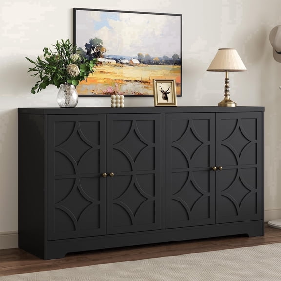 May in Color 55.9 Inch Black Buffet Cabinet with Storage, 4‑Door Sideboard Cabinet with Adjustable Shelves, MDF Black Buffet Sideboard for Dining Room, Living Room, Entryway
