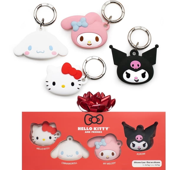 iFace Sanrio Friends Silicone Protective Case for Airtag, Cute Character Keychain with Carabiner, 4-Pack Gift Set