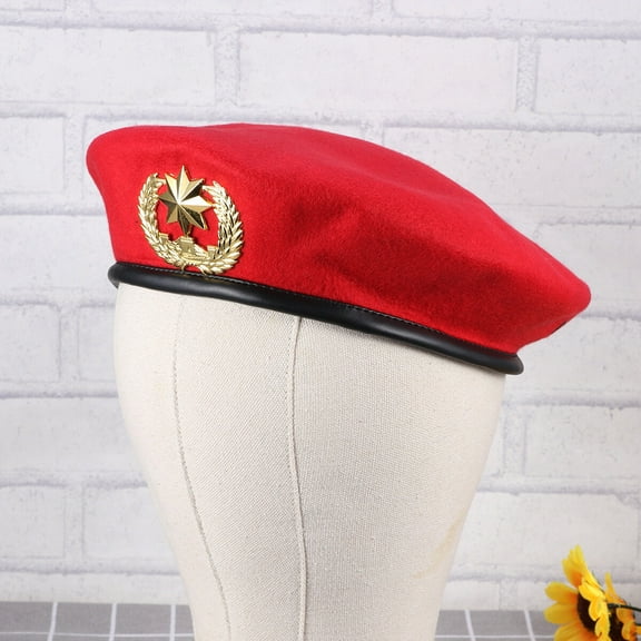 Milisten Red Wool Beret Hat with Adjustable Drawstring and Vintage Metal for Women and Men