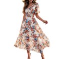 thumbnail image 3 of Women'S Summer Wrap Maxi Dress Floral V Neck Short Sleeve Wedding Guest Party Casual Dress Apricot S, 3 of 9