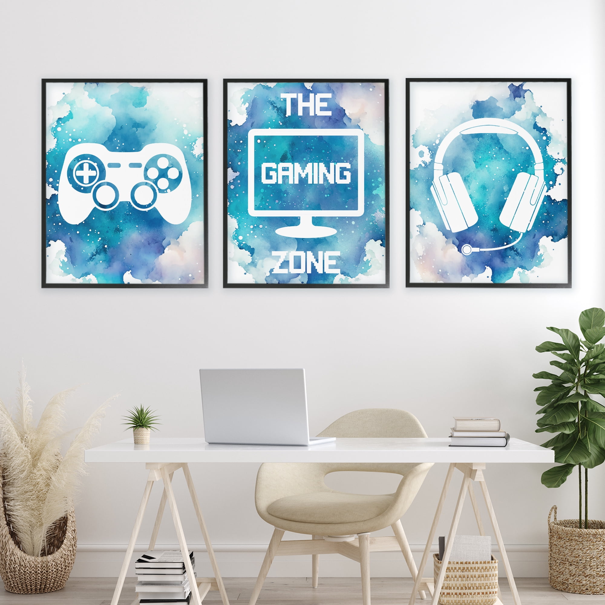 Blue Gamer Splatters 3 Piece Black Framed Giclee Art Set, design by Marcus Prime