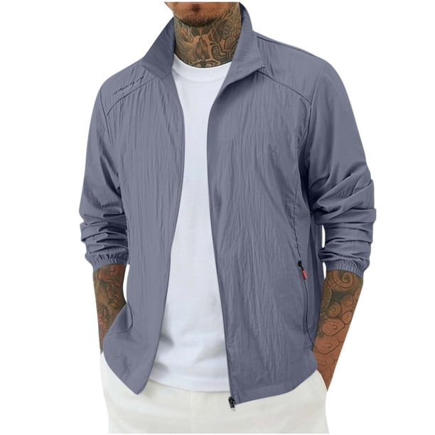 Mens Tops Manga Larga Color Sólido Cremallera Bolsillo Chaqueta de Pie Cuello sin Capucha Casual Moda Ropa Exterior Hombres Chaqueta Casual