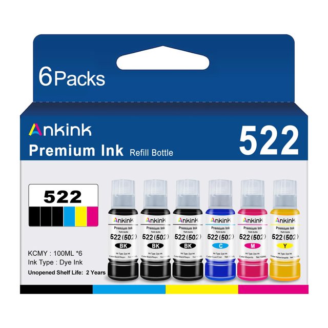 Botellas de recarga de tinta Ankink 522 T522 EcoTank ET-2800, paquete de 6