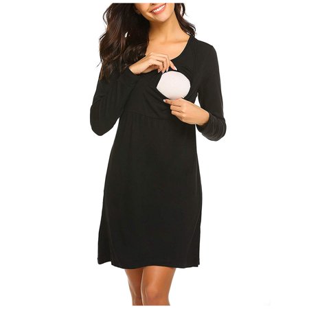 

Maternity dress Women Maternity Long Sleeve Solid Nursing Sleepwear Dress For Breastfeeding Black M