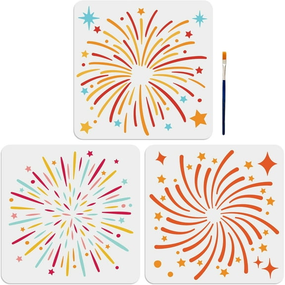 3pcs Fireworks Star Stencil 11.8×11.8inch Christmas Fireworks Template with Paint Brush Reusable Happy New Year Fireworks Drawing Stencil for Wood Wall Glass Window DIY Christmas Crafts