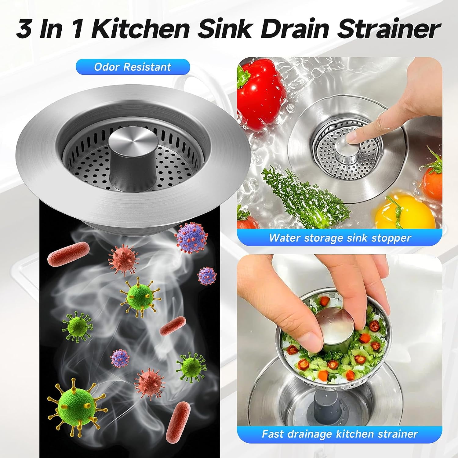 Xlhshop 3-in-1 Kitchen Sink Drain Strainer & Stopper Combo, Stainless Steel with Anti-Clogging Basket, Fits 3-1/2 Inch Drains